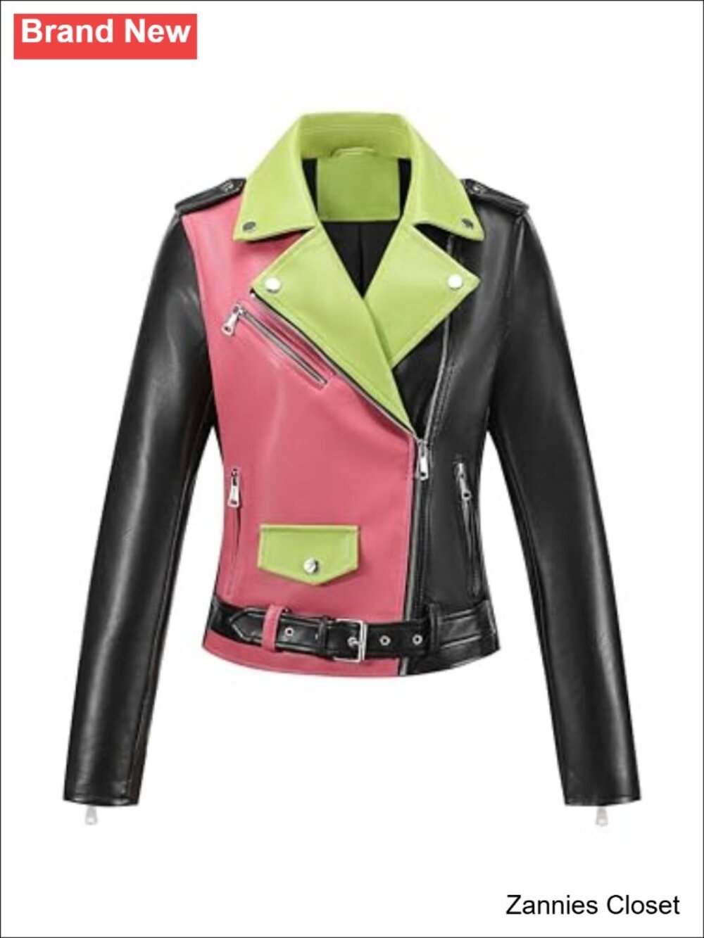 ✨ Faux Leather Color-Block Moto Zip Up Jacket Women's Cropped Belted